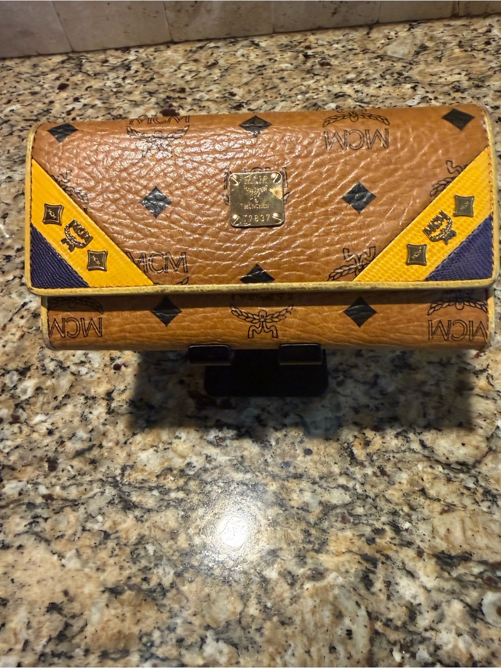 MCM Cognac Leather Continental Wallet with Yellow and Purple Accents